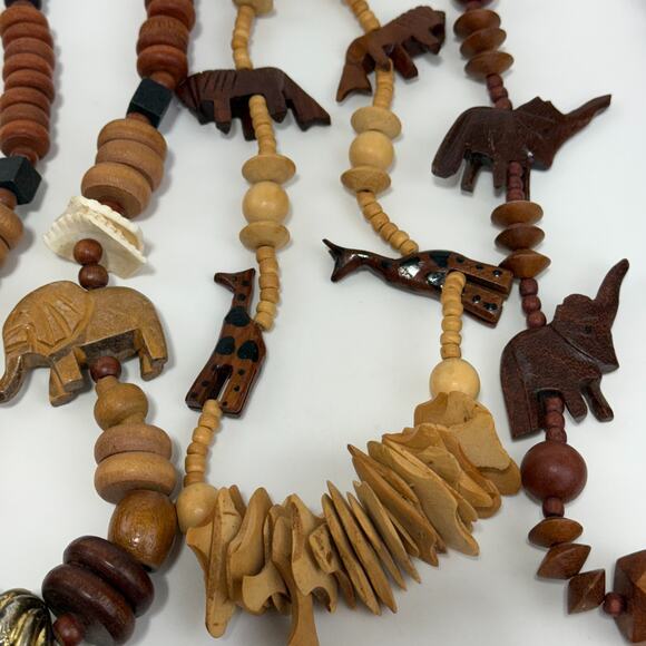 Lot of 6 Vtg Wood Carved Safari Animal Bead Necklace & Earrings Elephant Giraffe - Picture 6 of 16